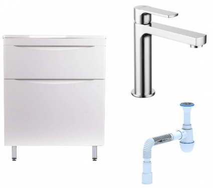Комплект: Тумба с раковиной Style Line Бергамо Мини 70 Люкс Plus + Смеситель Lemark plus Grace LM1537C + Сифон АниПласт