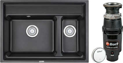 Комплект Мойка кухонная Granula Kitchen Space 7302, черный + Измельчитель Bort Master Eco Control, матовая, прямоугольная