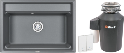 Комплект Мойка кухонная Granula Kitchen Space 7301, алюминиум + Измельчитель Bort Alligator Green, матовая, прямоугольная