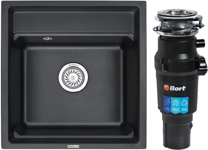Комплект Мойка кухонная Granula Kitchen Space 5002, черный + Измельчитель Bort Titan 7000, матовая, квадратная