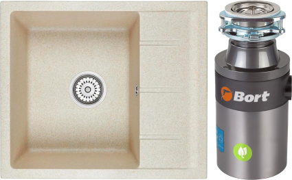 Комплект Мойка кухонная Emar Quartz EMQ-1580.Q Берилл + Измельчитель Bort Titan 4000 Control матовая, прямоугольная