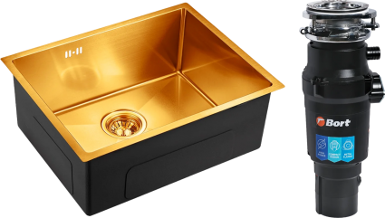 Комплект Мойка кухонная Emar PVD EMB-123 PVD Nano Golden + Измельчитель Bort Titan 7000 матовая, прямоугольная