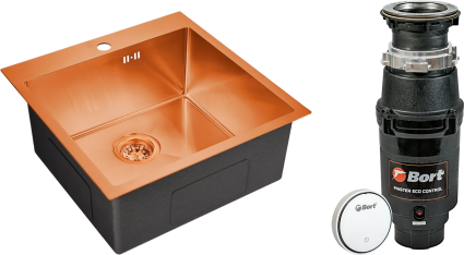 Комплект Мойка кухонная Emar PVD EMB-116 PVD Nano Coppery + Измельчитель Bort Master Eco Control матовая, квадратная