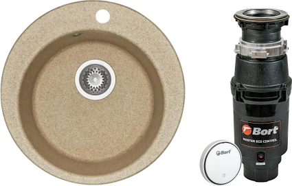 Комплект Мойка кухонная Акватон Иверия песочная + Измельчитель Bort Master Eco Control матовая, круглая
