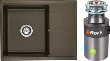 Комплект Мойка кухонная Акватон Делия 65 кофе + Измельчитель Bort Titan 4000 Control матовая, прямоугольная
