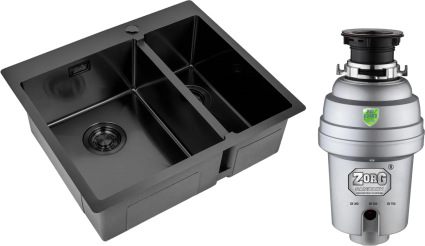 Комплект Мойка кухонная Zorg Light ZL R 590-2-510-L GRAFIT L, графит + Измельчитель Inox D ZR-38 D, брашированная, прямоугольная