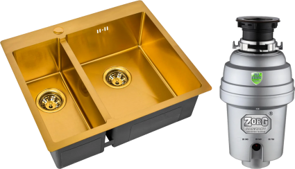 Комплект Мойка кухонная Zorg Inox PVD SZR-59-2-51-R BRONZE R, бронза + Измельчитель Inox D ZR-56 D, брашированная, прямоугольная