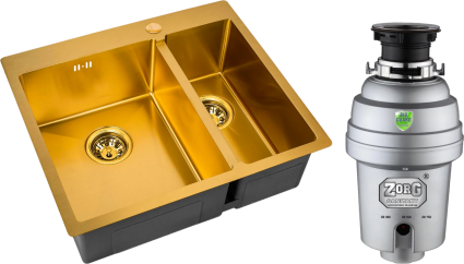 Комплект Мойка кухонная Zorg Inox PVD SZR-59-2-51-L BRONZE L, бронза + Измельчитель Inox D ZR-38 D, брашированная, прямоугольная
