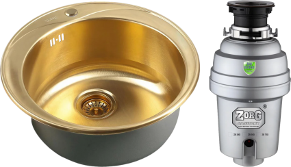 Комплект Мойка кухонная Zorg Inox Pvd SZR-510/205 Bronze + Измельчитель Inox D ZR-38 D брашированная, круглая