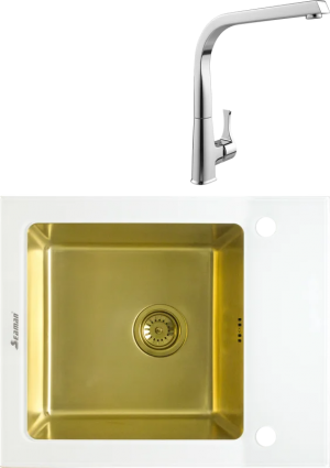 Комплект Мойка кухонная Seaman Eco Glass SMG-610W-Gold + Смеситель MEGA Mega MG-SUN03 матовая, прямоугольная