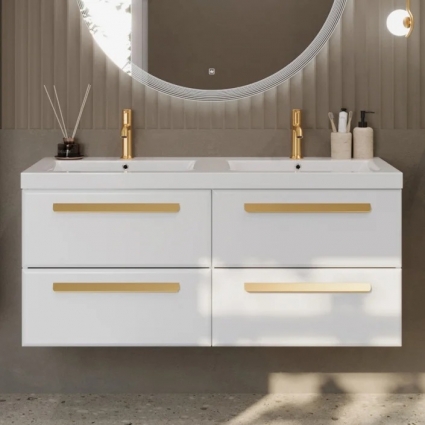 Тумба с раковиной Cezares Eco 120 4 ящика, ручки сатиновое золото, bianco lucido, подвесная, глянцевая