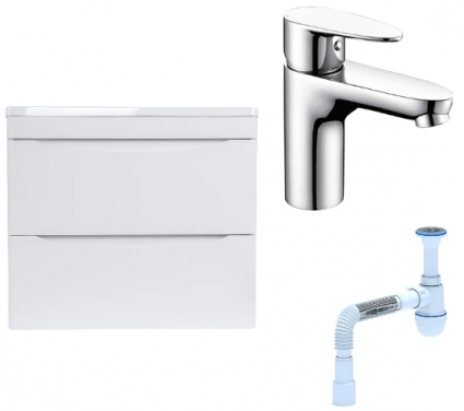 Комплект: Тумба с раковиной Style Line Бергамо Мини 60 Люкс Plus + Смеситель Wasserkraft Leine 3503 + Сифон АниПласт