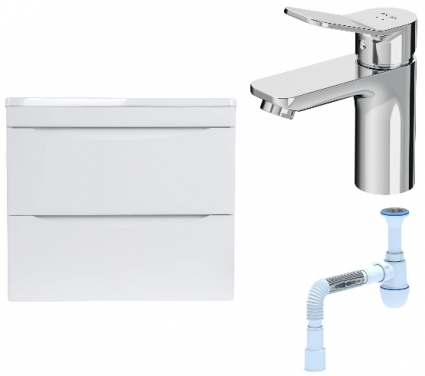 Комплект: Тумба с раковиной Style Line Бергамо Мини 60 Люкс Plus + Смеситель Am.Pm X-Joy F85A02100 + Сифон АниПласт