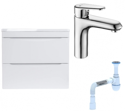 Комплект: Тумба с раковиной Style Line Бергамо Мини 60 Люкс Plus + Смеситель Lemark Point LM0306C + Сифон АниПласт
