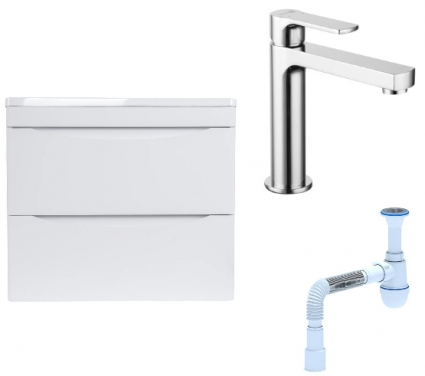 Комплект: Тумба с раковиной Style Line Бергамо Мини 60 Люкс Plus + Смеситель Lemark plus Grace LM1537C + Сифон АниПласт