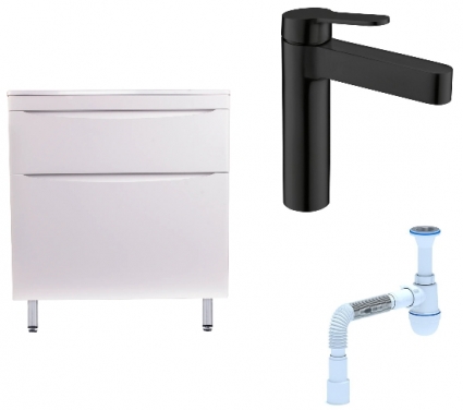Комплект: Тумба с раковиной Style Line Бергамо Мини 80 Люкс Plus + Смеситель BelBagno Delta DEL-LVM-NERO + Сифон АниПласт