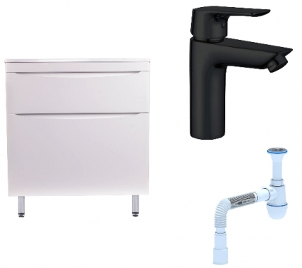 Комплект: Тумба с раковиной Style Line Бергамо Мини 80 Люкс Plus + Смеситель Aquanet Static AF330-10B + Сифон АниПласт