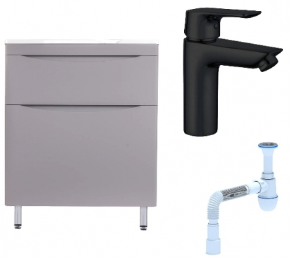 Комплект: Тумба с раковиной Style Line Бергамо Мини 70 Люкс Plus + Смеситель Aquanet Static AF330-10B + Сифон АниПласт