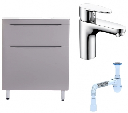 Комплект: Тумба с раковиной Style Line Бергамо Мини 70 Люкс Plus + Смеситель Wasserkraft Leine 3503 + Сифон АниПласт