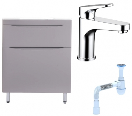 Комплект: Тумба с раковиной Style Line Бергамо Мини 70 Люкс Plus + Смеситель Bravat Eler F1191238CP-RUS + Сифон АниПласт