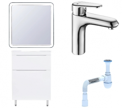 Комплект: Мебель для ванной Style Line Бергамо Мини 60 Люкс Plus + Смеситель Lemark Point LM0306C + Сифон АниПласт
