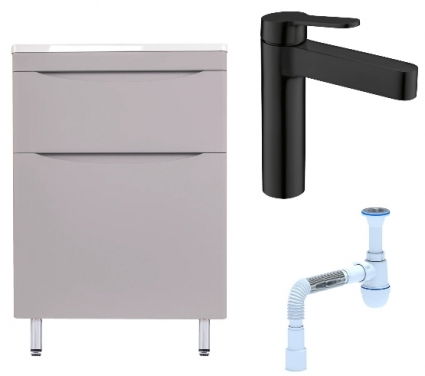 Комплект: Тумба с раковиной Style Line Бергамо Мини 60 Люкс Plus + Смеситель BelBagno Delta DEL-LVM-NERO + Сифон АниПласт