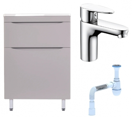 Комплект: Тумба с раковиной Style Line Бергамо Мини 60 Люкс Plus + Смеситель Wasserkraft Leine 3503 + Сифон АниПласт