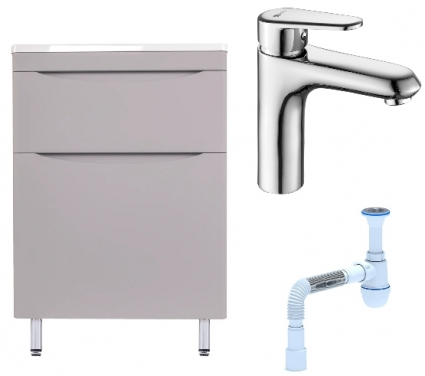 Комплект: Тумба с раковиной Style Line Бергамо Мини 60 Люкс Plus + Смеситель Lemark Point LM0306C + Сифон АниПласт