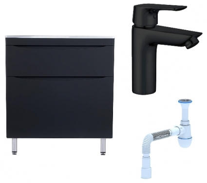 Комплект: Тумба с раковиной Style Line Бергамо Мини 80 Люкс Plus + Смеситель Aquanet Static AF330-10B + Сифон АниПласт