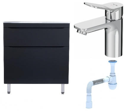 Комплект: Тумба с раковиной Style Line Бергамо Мини 80 Люкс Plus + Смеситель Am.Pm X-Joy F85A02100 + Сифон АниПласт