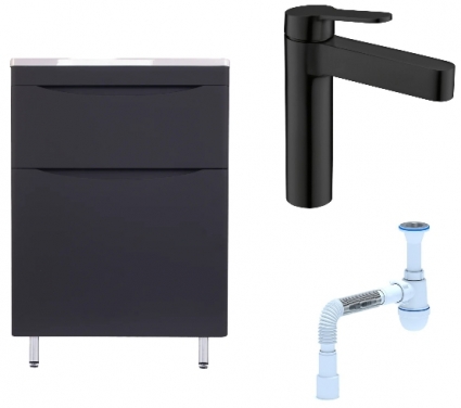 Комплект: Тумба с раковиной Style Line Бергамо Мини 60 Люкс Plus + Смеситель BelBagno Delta DEL-LVM-NERO + Сифон АниПласт