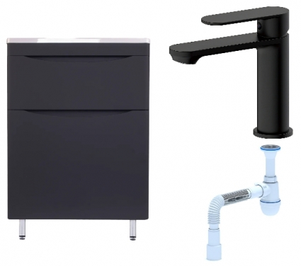 Комплект: Тумба с раковиной Style Line Бергамо Мини 60 Люкс Plus + Смеситель Haiba HB10590-7 + Сифон АниПласт