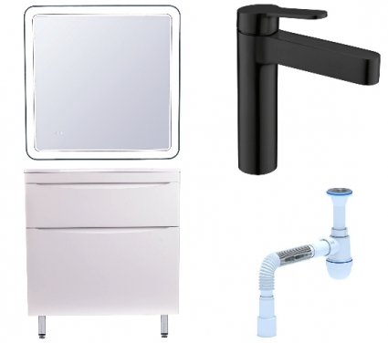 Комплект: Мебель для ванной Style Line Бергамо Мини 80 Люкс Plus + Смеситель BelBagno Delta DEL-LVM-NERO + Сифон АниПласт