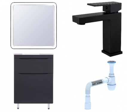 Комплект: Мебель для ванной Style Line Бергамо Мини 60 Люкс Plus + Смеситель Haiba HB10803-7 + Сифон АниПласт