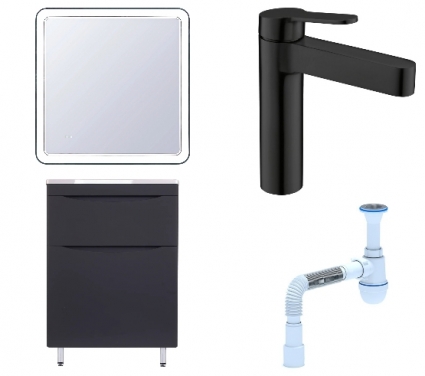 Комплект: Мебель для ванной Style Line Бергамо Мини 60 Люкс Plus + Смеситель BelBagno Delta DEL-LVM-NERO + Сифон АниПласт