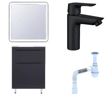 Комплект: Мебель для ванной Style Line Бергамо Мини 60 Люкс Plus + Смеситель Aquanet Static AF330-10B + Сифон АниПласт