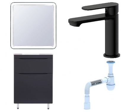 Комплект: Мебель для ванной Style Line Бергамо Мини 60 Люкс Plus + Смеситель Haiba HB10590-7 + Сифон АниПласт