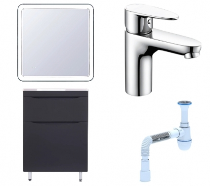 Комплект: Мебель для ванной Style Line Бергамо Мини 60 Люкс Plus + Смеситель Wasserkraft Leine 3503 + Сифон АниПласт