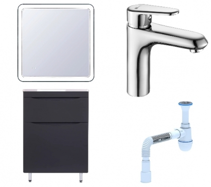 Комплект: Мебель для ванной Style Line Бергамо Мини 60 Люкс Plus + Смеситель Lemark Point LM0306C + Сифон АниПласт