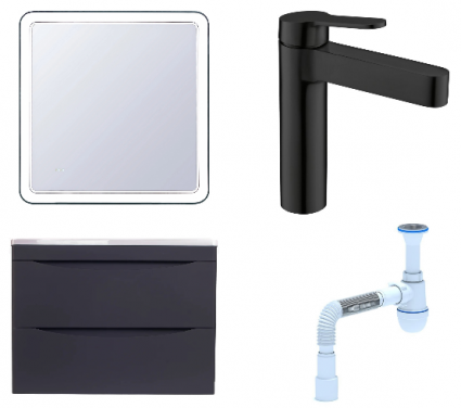 Комплект: Мебель для ванной Style Line Бергамо Мини 70 Люкс Plus + Смеситель BelBagno Delta DEL-LVM-NERO + Сифон АниПласт