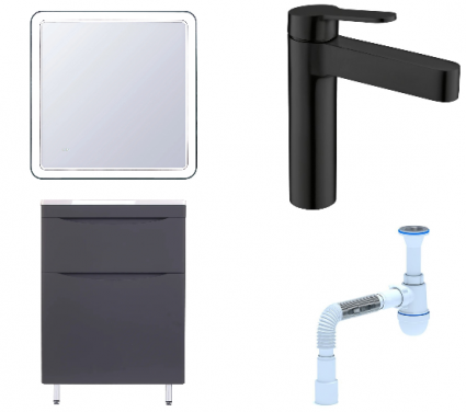 Комплект: Мебель для ванной Style Line Бергамо Мини 70 Люкс Plus + Смеситель BelBagno Delta DEL-LVM-NERO + Сифон АниПласт