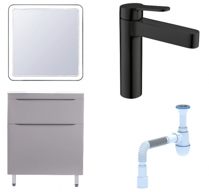 Комплект: Мебель для ванной Style Line Бергамо Мини 70 Люкс Plus + Смеситель BelBagno Delta DEL-LVM-NERO + Сифон АниПласт