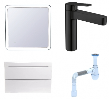 Комплект: Мебель для ванной Style Line Бергамо Мини 80 Люкс Plus + Смеситель BelBagno Delta DEL-LVM-NERO + Сифон АниПласт