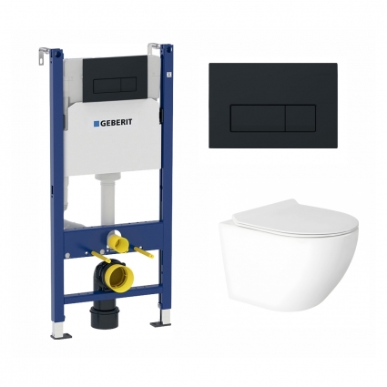 Комплект 3 в 1 инсталляция Geberit Duofix + Подвесной унитаз Enio Indigo с кнопкой Delta 50 черной матовой