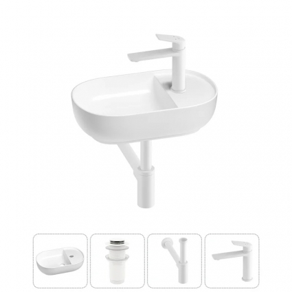 Маленькая раковина в туалет Wellsee WC Area 20212104R в наборе 4 в 1: подвесная или накладная раковина, донный клапан, сифон, смеситель (цвет набора матовый белый)