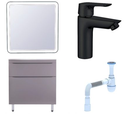 Комплект: Мебель для ванной Style Line Бергамо Мини 80 Люкс Plus + Смеситель Aquanet Static AF330-10B + Сифон АниПласт