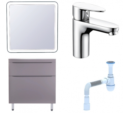 Комплект: Мебель для ванной Style Line Бергамо Мини 80 Люкс Plus + Смеситель Wasserkraft Leine 3503 + Сифон АниПласт