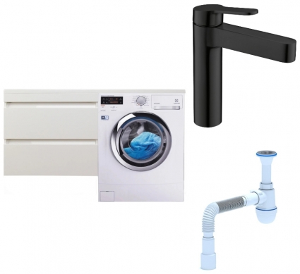 Комплект: Тумба с раковиной Style Line Даллас 140 Люкс Plus L + Смеситель BelBagno Delta DEL-LVM-NERO + Сифон АниПласт