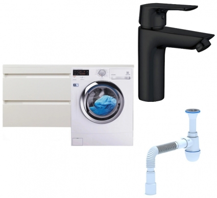 Комплект: Тумба с раковиной Style Line Даллас 140 Люкс Plus L + Смеситель Aquanet Static AF330-10B + Сифон АниПласт