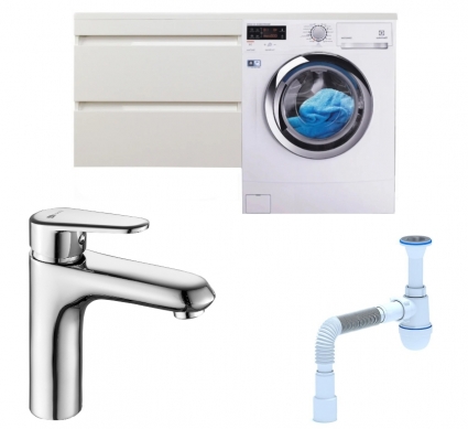 Комплект: Тумба с раковиной Style Line Даллас 140 Люкс Plus L + Смеситель Lemark Point LM0306C + Сифон АниПласт